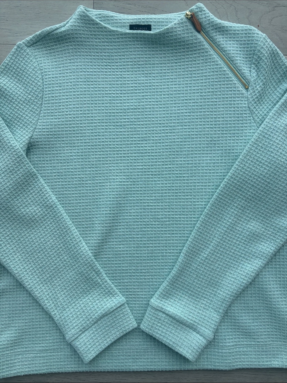 Talbots Zip Detail Funnel Neck Pullover Waffle Light Green Sweater Medium - Picture 2 of 7